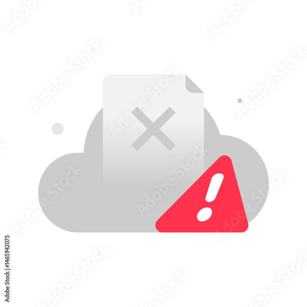 Obraz Cloud storage warning illustration. document file, cross and exclamation mark. not backed up or auto sync turned off. for data protection, computing, backup failure, error, and sync alert concept