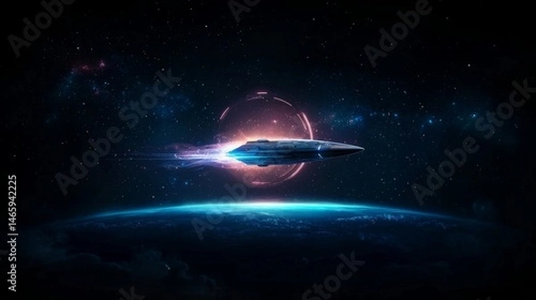 Fototapeta Futuristic spaceship traveling through deep space
