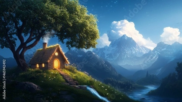 Fototapeta Enchanted cottage by a serene mountain stream