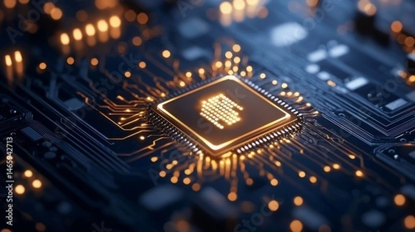 Fototapeta Close-up of a glowing microchip on a circuit board