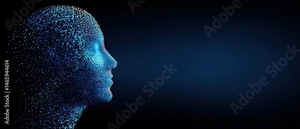 Fototapeta Abstract silhouette of a human head composed of particles against a dark background, representing technology and digital concepts.