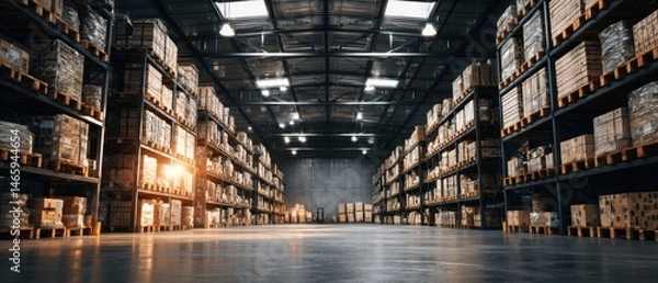 Fototapeta Spacious warehouse filled with neatly stacked pallets under bright lighting, showcasing organized storage and logistics.