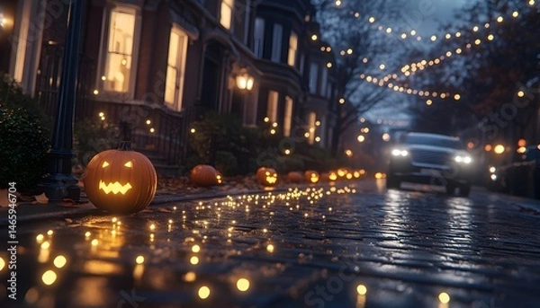 Fototapeta A spooky, autumnal street scene with carved pumpkins lining a cobblestone road, illuminated by warm lights on a misty night