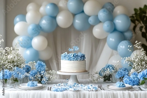 Fototapeta Elegant party table setting featuring cake hydrangeas balloons and floral decorations