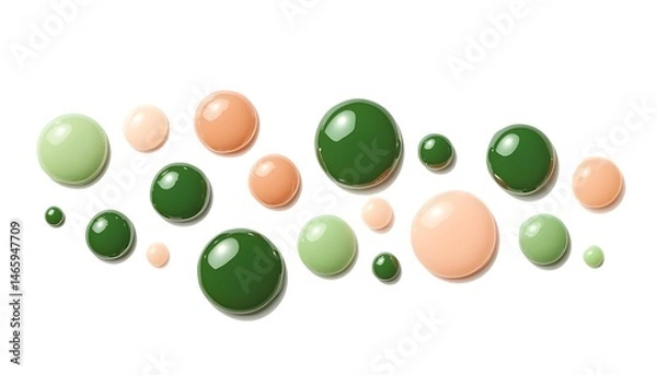 Obraz Assorted sized, glossy spheres in green, peach, and light green hues arranged in a wavy pattern on a white background