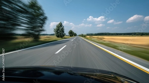 Fototapeta A dynamic view of a highway, captured in motion, showcasing trees and fields under a bright blue sky.