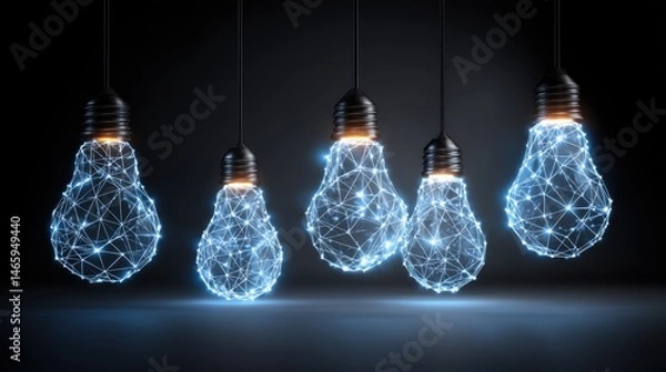 Fototapeta Hanging light bulbs with geometric wire designs emit a soft glow against a dark background, creating a modern and artistic atmosphere.