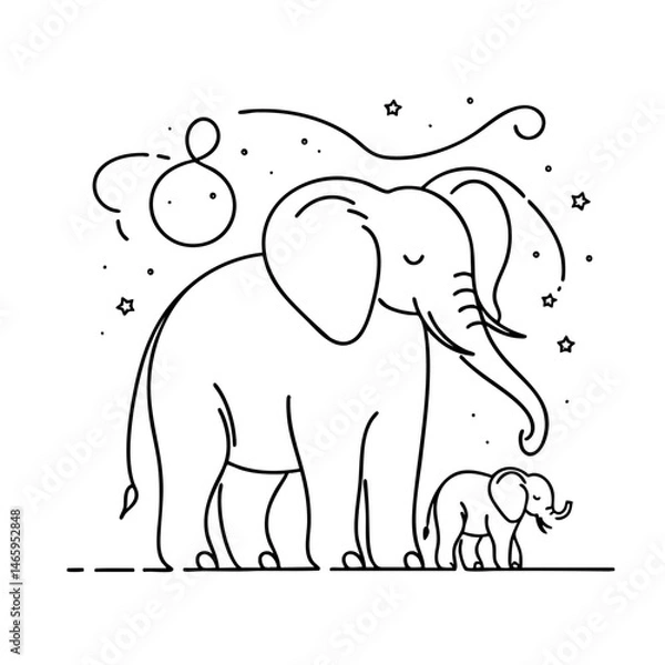 Obraz Mother Elephant and Baby under the Night Sky