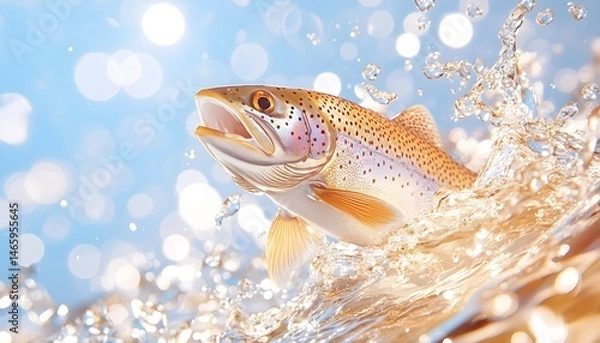 Obraz A vibrant trout leaps from the water, creating a splash of golden droplets against a shimmering, light blue background