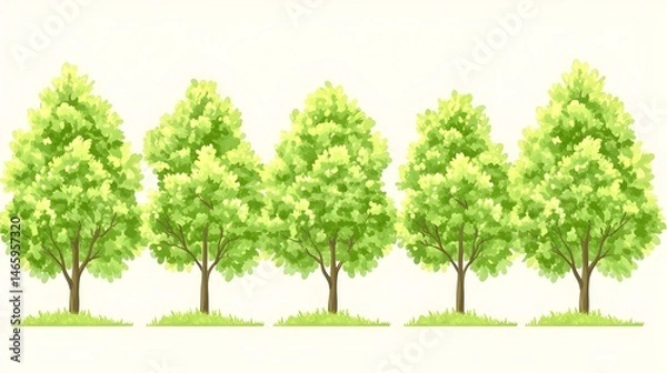 Fototapeta Five lush, green deciduous trees stand in a row against a white background, their bases nestled in small patches of grass