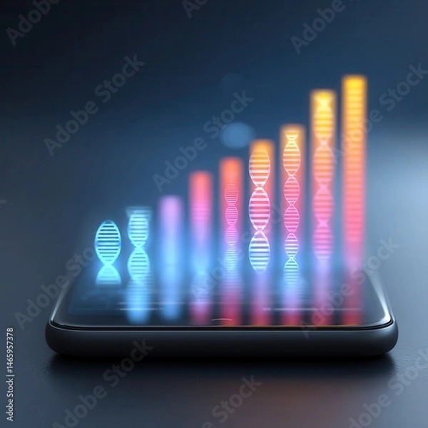 Fototapeta A glowing digital DNA bar chart rises from a smartphone screen, symbolizing biotech innovation and mobile technology integration.
