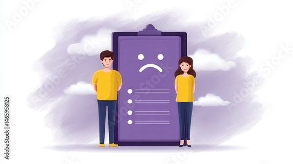 Fototapeta A boy and girl stand beside a large clipboard with a sad face, symbolizing disappointment or negative feedback.