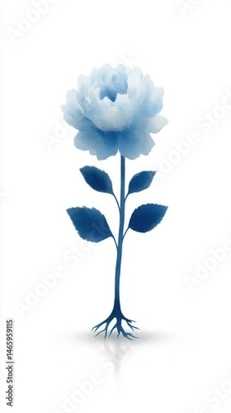 Fototapeta A delicate blue rose with leaves and visible roots, illustrated on a clean white background.