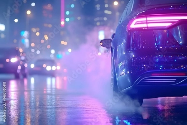 Fototapeta Sleek car on a rainy city street at night, with vibrant neon lights reflecting on wet pavement and emitting exhaust