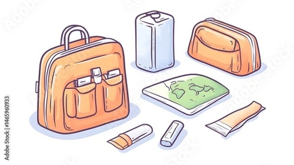 Obraz Travel essentials backpack, toiletry bag, map, and personal care items are neatly arranged