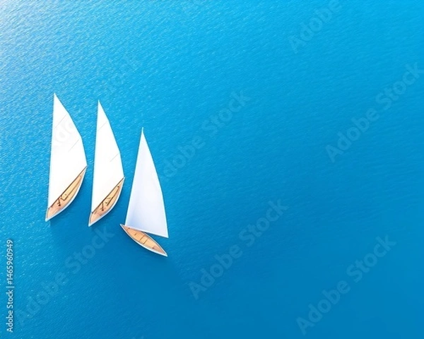 Fototapeta Three white sailboats gracefully sail across a vibrant blue ocean, creating a serene and peaceful scene