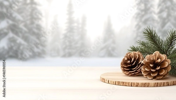 Fototapeta Two pine cones and evergreen sprig rest on a wooden slice, set against a blurred snowy forest backdrop