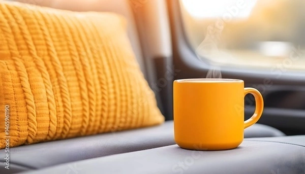 Obraz Warm beverage in an orange mug rests on a car seat next to a mustard-yellow knitted cushion, sunlight streaming through the window