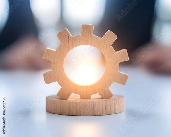 Obraz Wooden gear on a stand, backlit, symbolizes mechanism, process, or teamwork