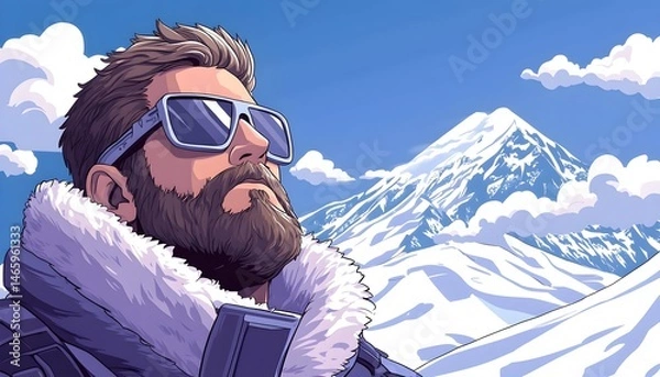 Obraz A bearded man in sunglasses gazes at a snow-capped mountain range under a bright blue sky