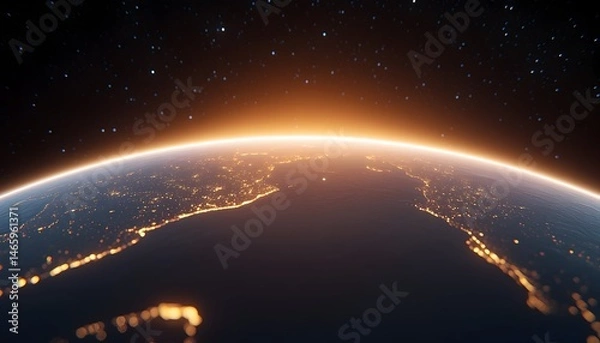 Obraz A breathtaking sunrise over Earth, showcasing city lights against the dark expanse of space
