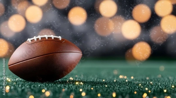 Obraz A brown leather American football rests on a dark green field, illuminated by golden bokeh lights