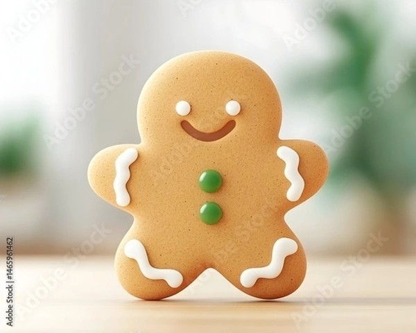 Obraz A cheerful gingerbread man cookie, decorated with simple icing details, sits on a light wood surface