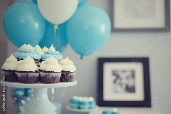 Fototapeta Celebration cupcakes on a cake stand with blue balloons and framed photographs in background.