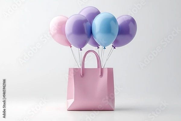 Fototapeta Pastel pink shopping bag with colorful balloons floating against a simple white background
