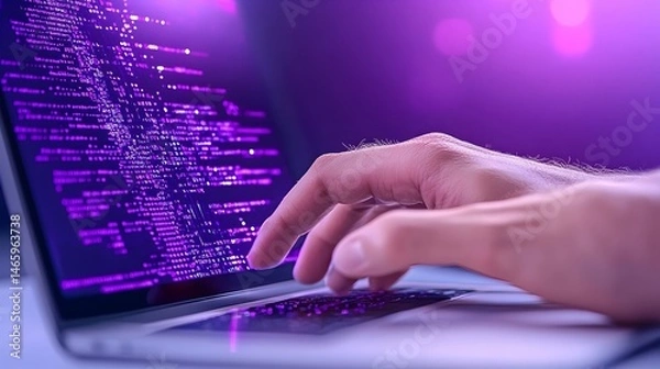 Fototapeta Person coding on laptop at night, purple light. Screen shows lines of code