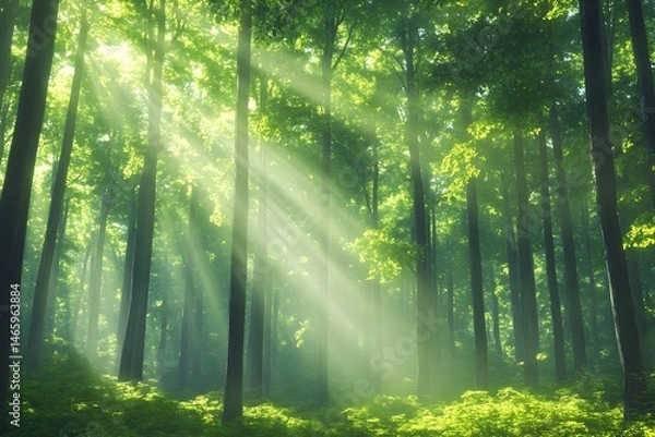 Fototapeta Sunbeams pierce a lush, green forest, illuminating the misty undergrowth and tall trees