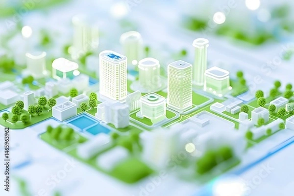Fototapeta A futuristic city model showcases eco-friendly urban design, integrating green spaces and efficient infrastructure