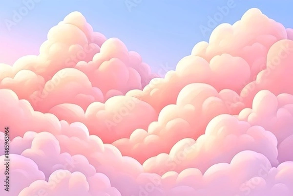 Fototapeta A dreamy landscape of fluffy, pastel pink and orange clouds against a soft blue sky.  Perfect for backgrounds