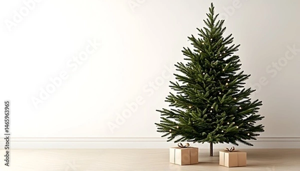 Fototapeta A decorated Christmas tree stands against a white wall, adorned with warm lights and accompanied by presents