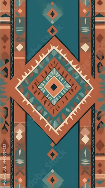 Fototapeta Geometric composition with Andean textile motifs, terracotta and teal color palette, flat design with minimalist Inca-inspired borders
