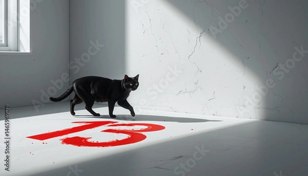 Fototapeta Black cat walking on white floor with red number thirteen painted, casting shadow in bright sunlight, minimalistic room with cracked wall and window light creating dramatic effect