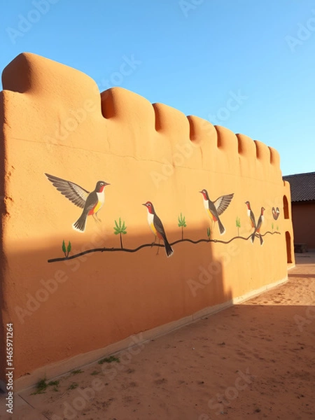 Fototapeta Tucume Peru, replica of the adobe wall in local museum with painted birds