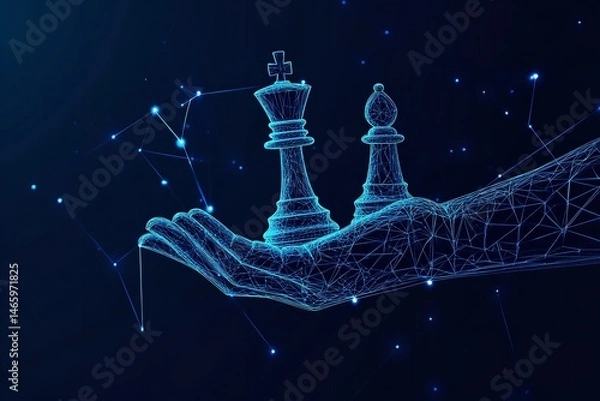 Fototapeta Strategic Vision A Hand Gently Holds King and Bishop Chess Pieces Symbolizing Leadership and Guidance in Digital