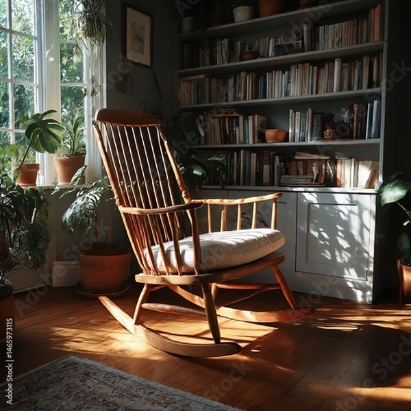 Fototapeta A vintage wooden rocking chair bathed in sunlight, perfect for a cozy reading nook. Rustic charm meets timeless elegance in this antique-inspired piece