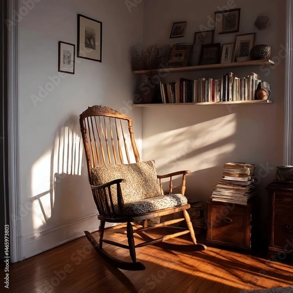 Fototapeta A vintage wooden rocking chair bathed in sunlight, perfect for a cozy reading nook. Rustic charm meets timeless elegance in this antique-inspired piece