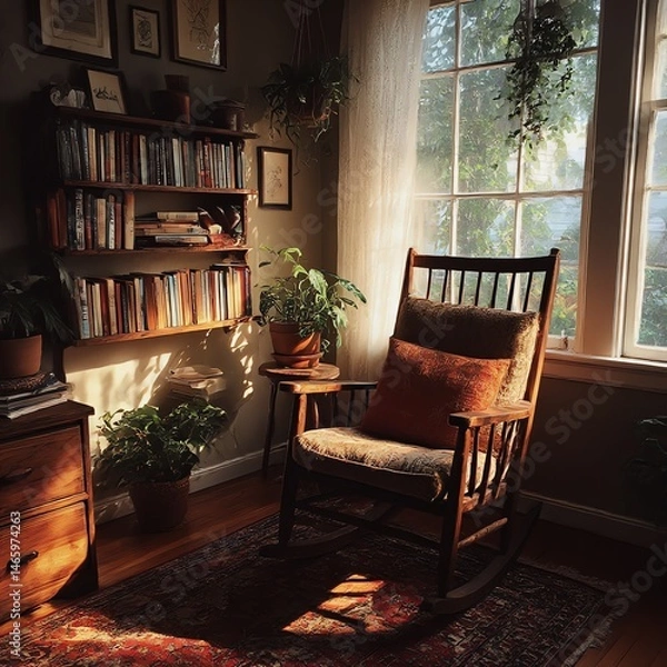 Fototapeta A vintage wooden rocking chair bathed in sunlight, perfect for a cozy reading nook. Rustic charm meets timeless elegance in this antique-inspired piece