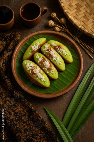 Fototapeta Flatlay photo of traditional Indonesian pandan "kue pukis" topped with freshly grated coconut and melted palm sugar (gula aren), served on a round wooden plate lined with banana leaves. Surrounding.