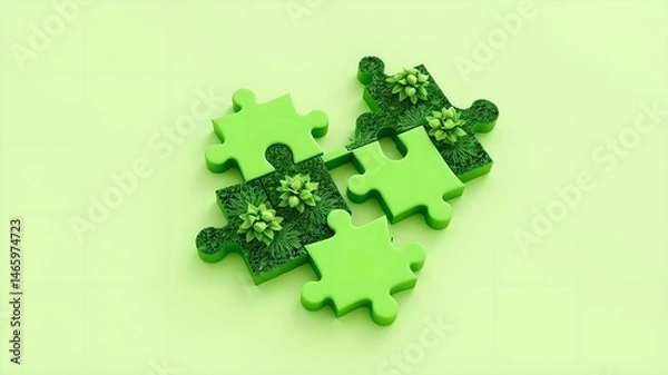Obraz 3D green puzzle pieces connecting for eco solution