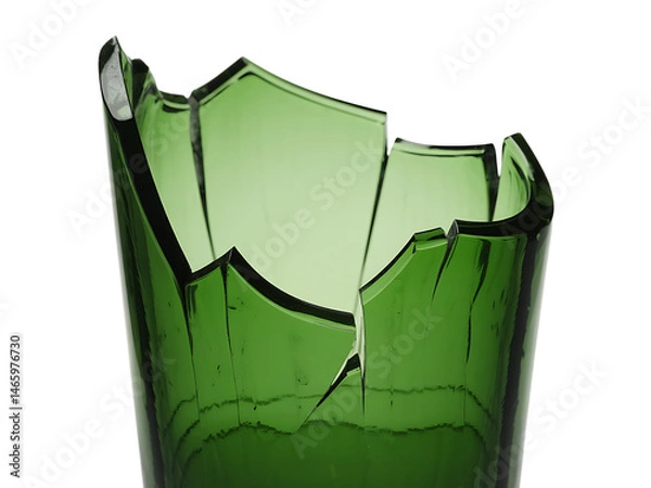 Fototapeta Close-up of a broken green glass bottle showing sharp edges and shattered fragments