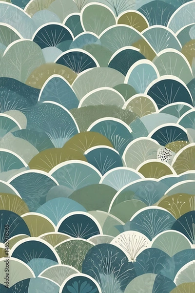 Obraz Scandinavian folk art reimagined as abstract minimal geometry, soft moss green and sky blue, stylized natural forms in repeating patterns