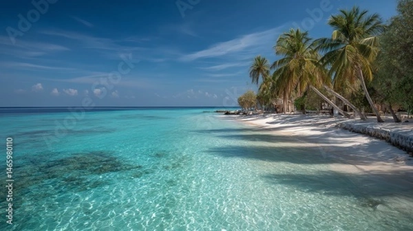 Fototapeta Stunning white sand beach with swaying palm trees, Maldives-style. Crystal-clear turquoise waters, perfect for tropical escapes, luxury resorts, and dream vacations. #ParadiseBeach