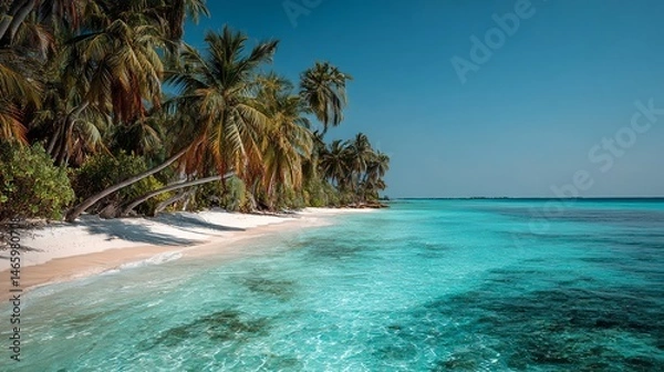 Fototapeta Stunning white sand beach with swaying palm trees, Maldives-style. Crystal-clear turquoise waters, perfect for tropical escapes, luxury resorts, and dream vacations. #ParadiseBeach