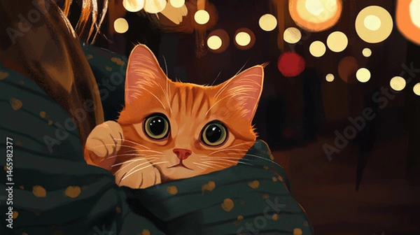 Fototapeta A kitten wrapped in a cozy knitted blanket with warm, glowing lights in the background, looking directly at the camera with large, round eyes