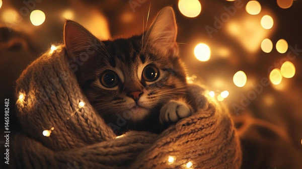 Obraz A kitten wrapped in a cozy knitted blanket with warm, glowing lights in the background, looking directly at the camera with large, round eyes