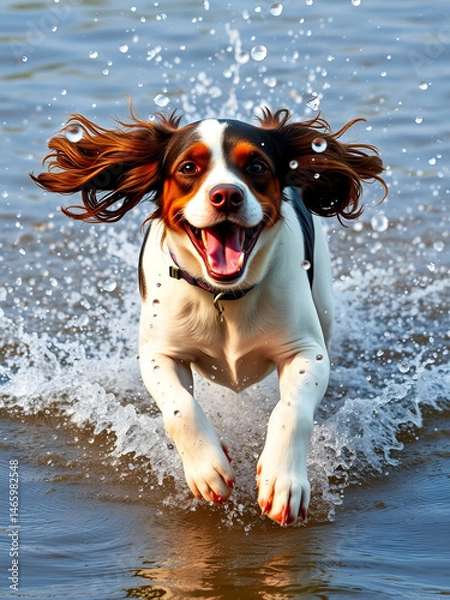 Fototapeta Dog spaniel running in splashing water. ai generated